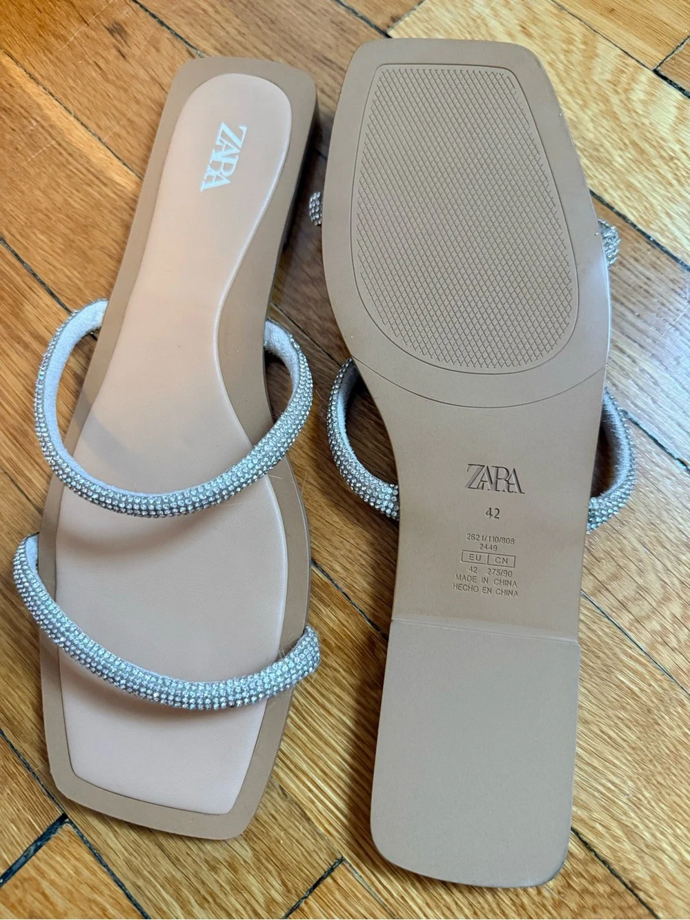 ZARA Nude Slide Sandals with Crystal-Embellished Double Straps - Picture 2 of 3